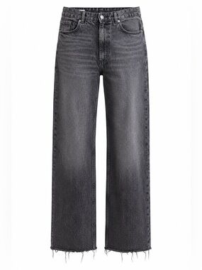 ZARA High Rise Wide Leg Jeans Black Grey Wash Raw Hem Size 8